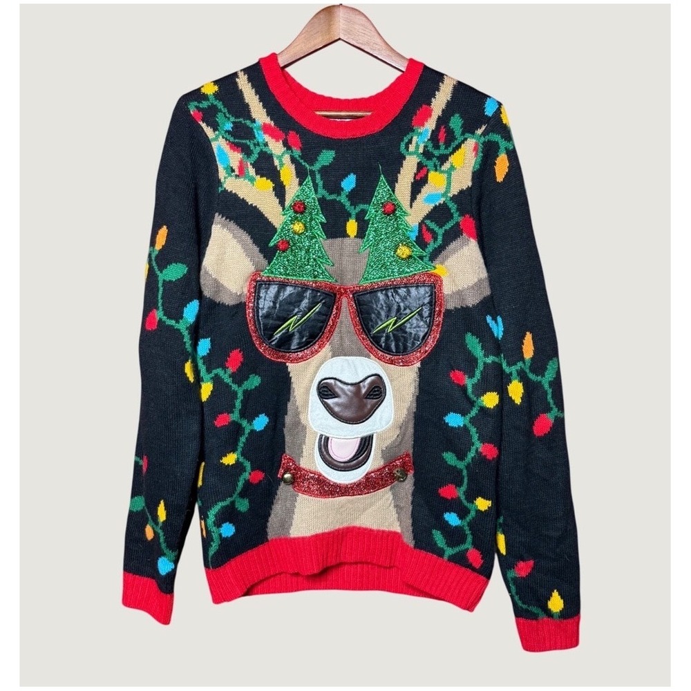 Holiday Time Ugly Christmas Sweater Unisex Small Black Excellent Reindeer Lights
